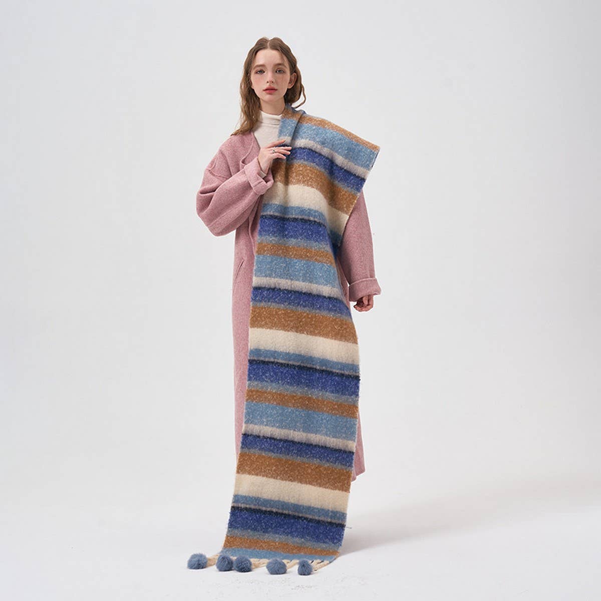 Cozy Colorblock Stripe Pom-Pom Scarf for Winter