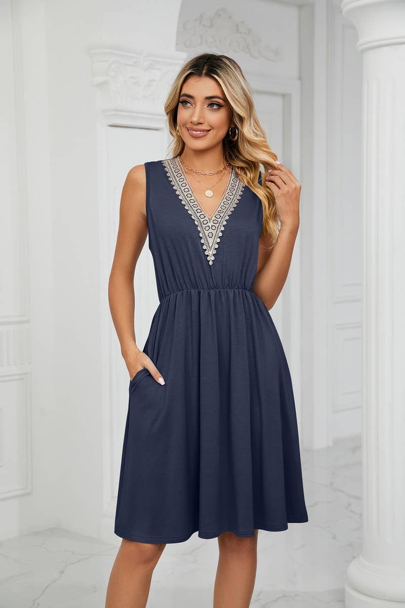 CWDSD3116_V-Neck Lace Trim Sleeveless Dress