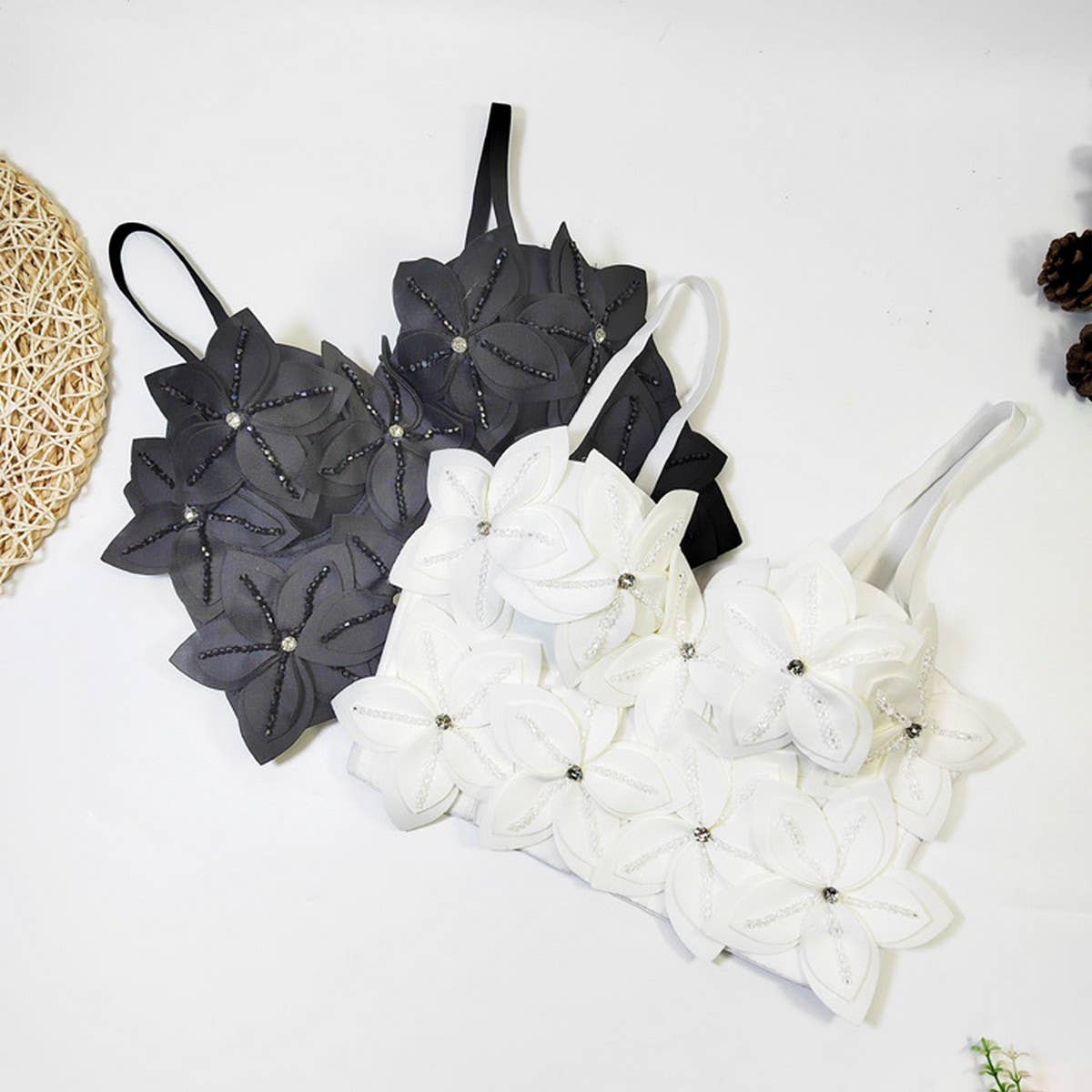 FLOWER BEADED HERRINGBONE BRA WITH PADS