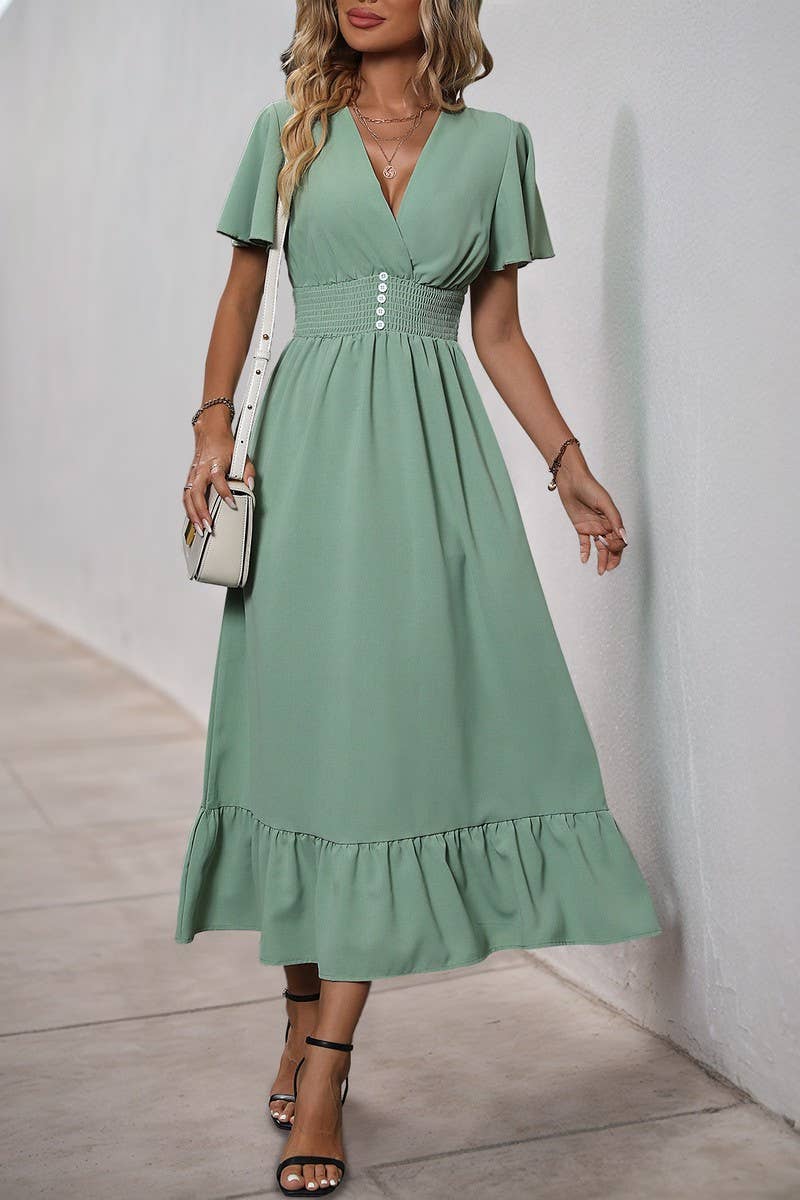 CWDMD4956_SUMMER LIGHT GREEN V-NECK RUFFLE HEM DRESS