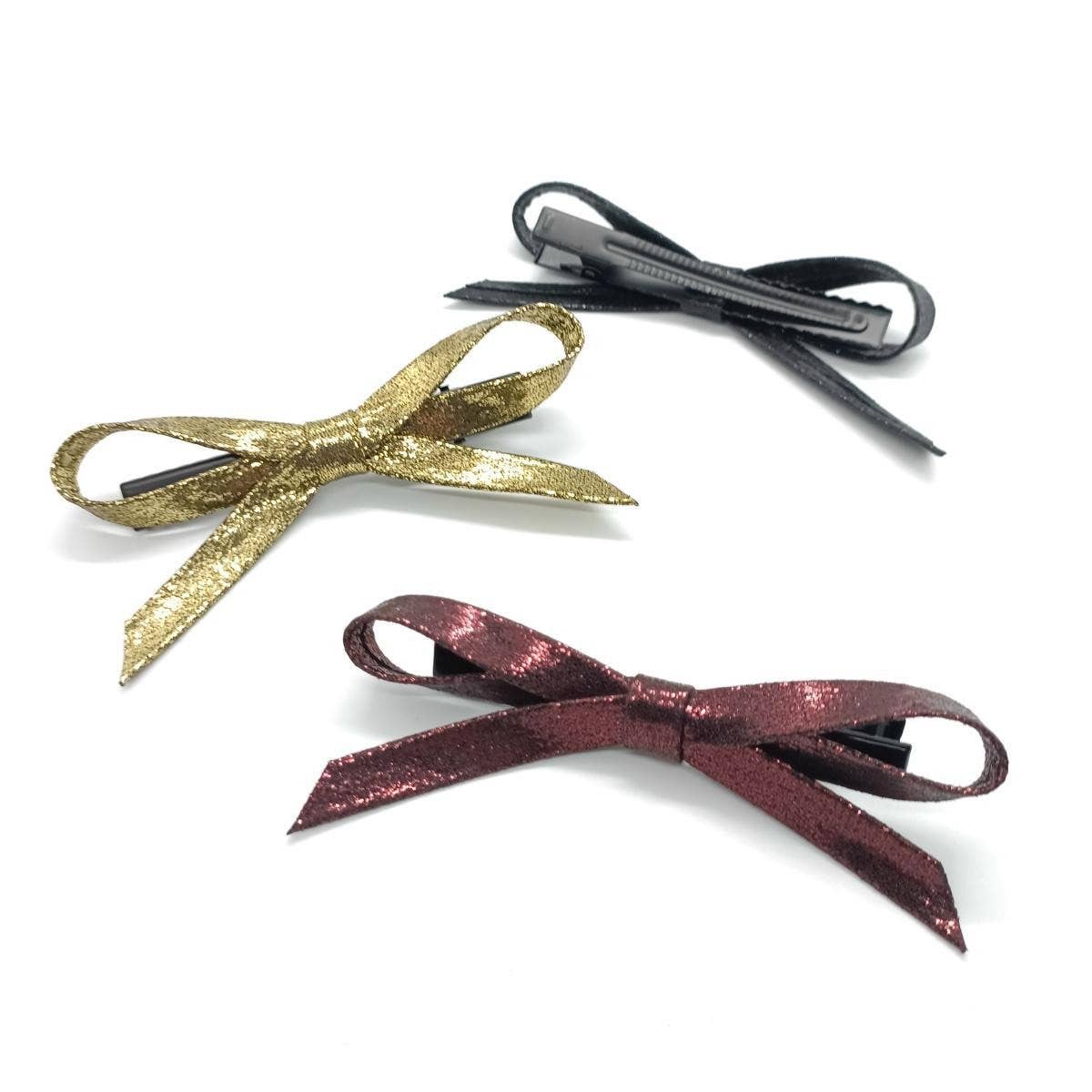 Vintage Pearl Metallic Glitter Bow Side Clip