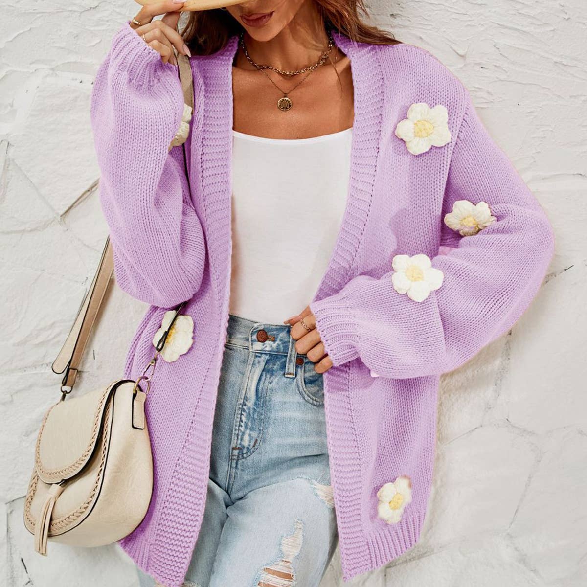 Flower cardigan lantern sleeve sweater coat_cwocal0687