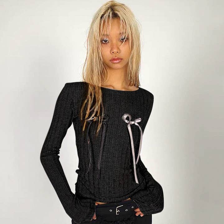 SOLID COLOR BOW ROUND NECK FASHION CASUAL TOP