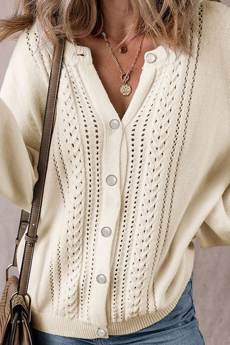 CWOCAL00695_SOLID V NECK HOLLOW OUT BUTTON KNIT CARDIGAN