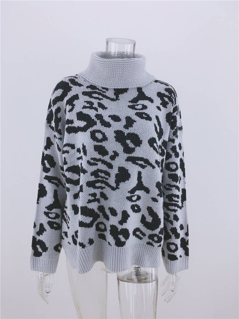 LEOPARD PRINT SWEATER LOOSE TURTLENECK SWEATER