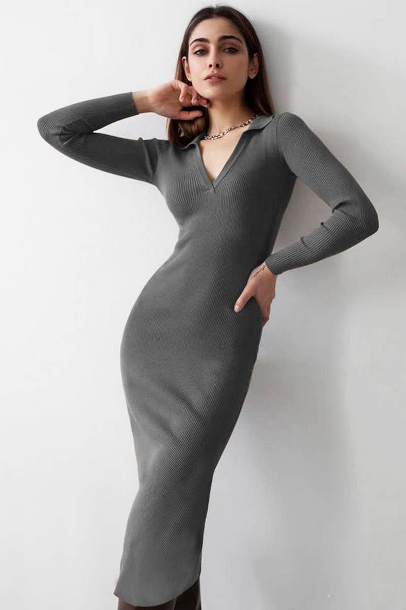 CWDMD4901_SOLID COLOR DEEP V LAPEL SLIM DRESS