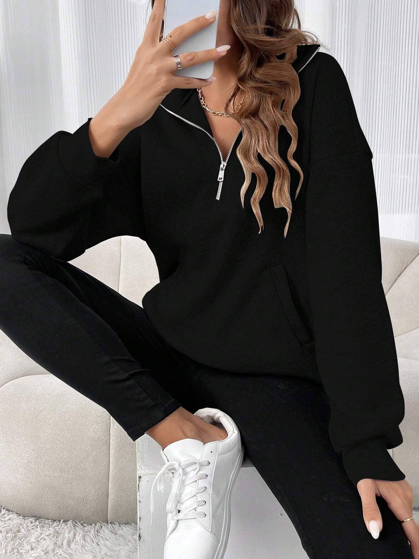 STYLISH ZIP-UP LAPEL SOLID COLOR PULLOVER HOODIE