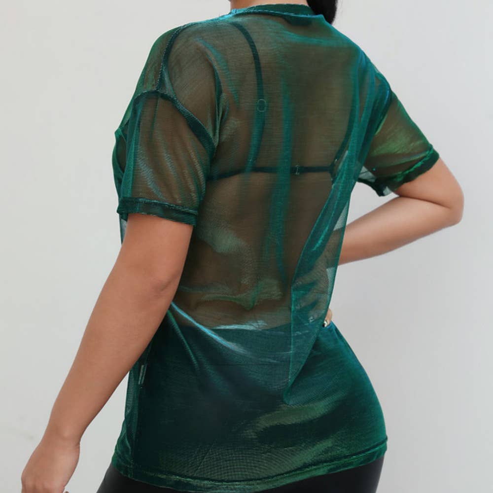 Sexy Sheer Holographic Mesh Short Sleeve Tee