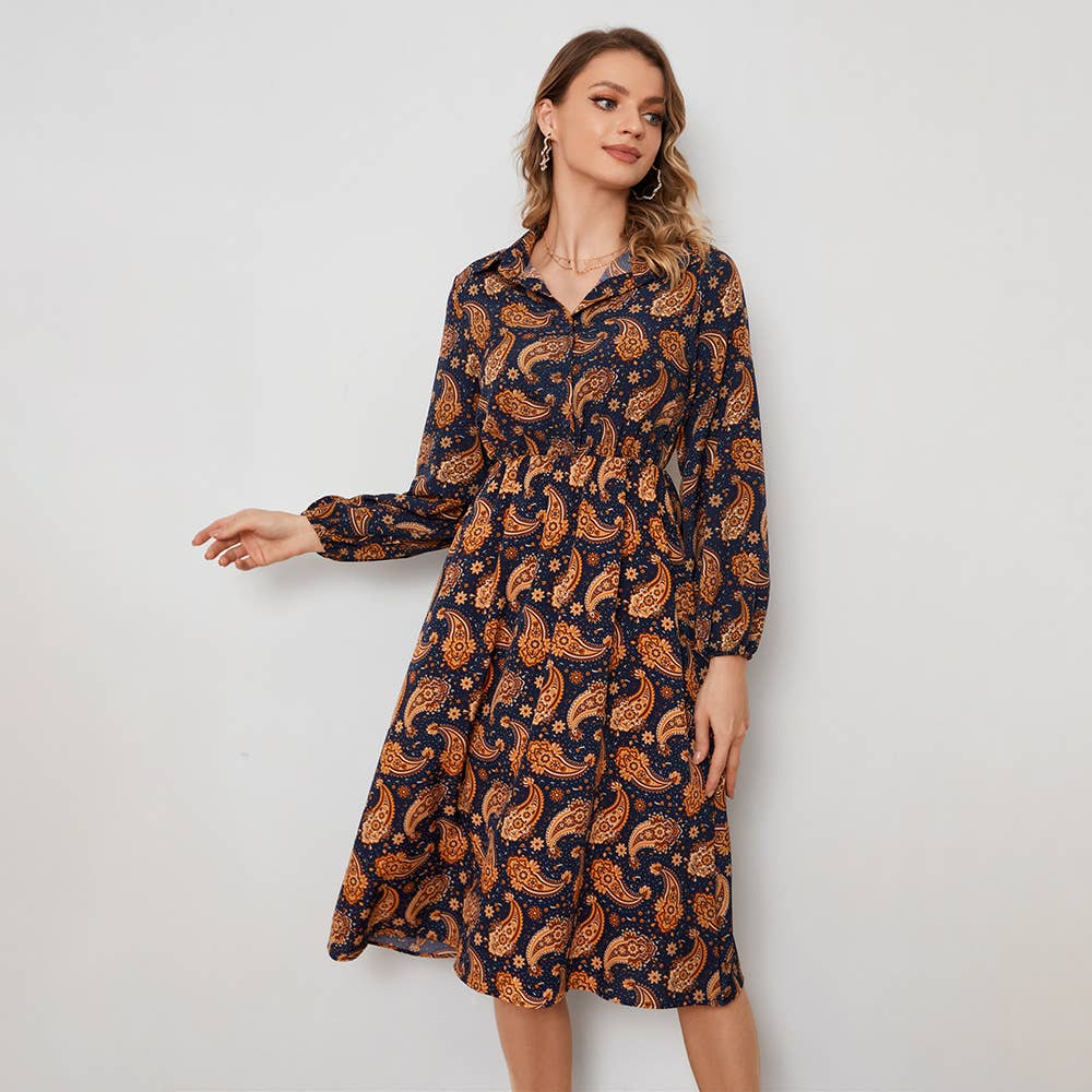 PRINTED A-LINE LONG SLEEVE FLORAL SHIRT DRESS
