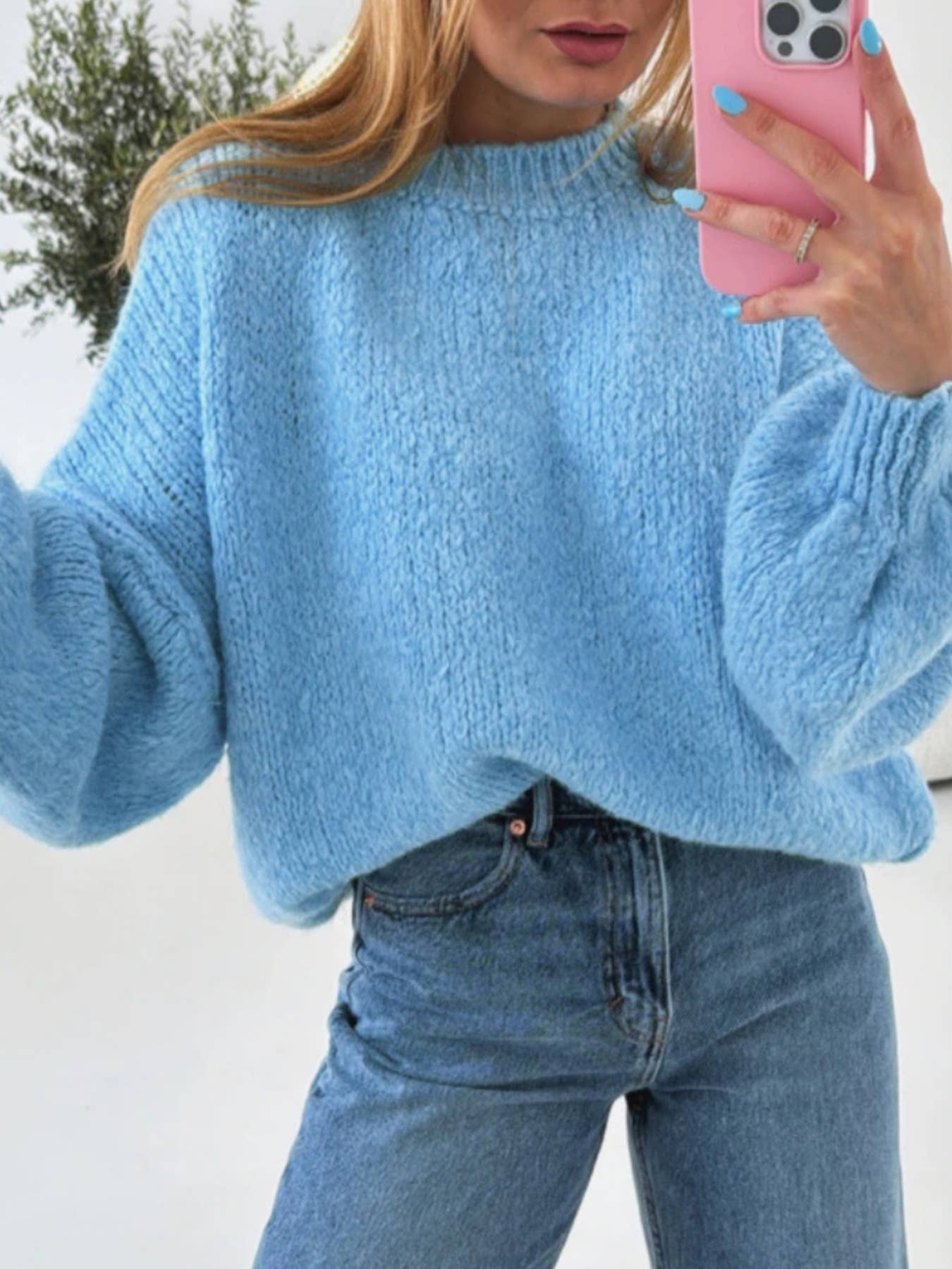 Lantern sleeve pullover solid-color knit sweater