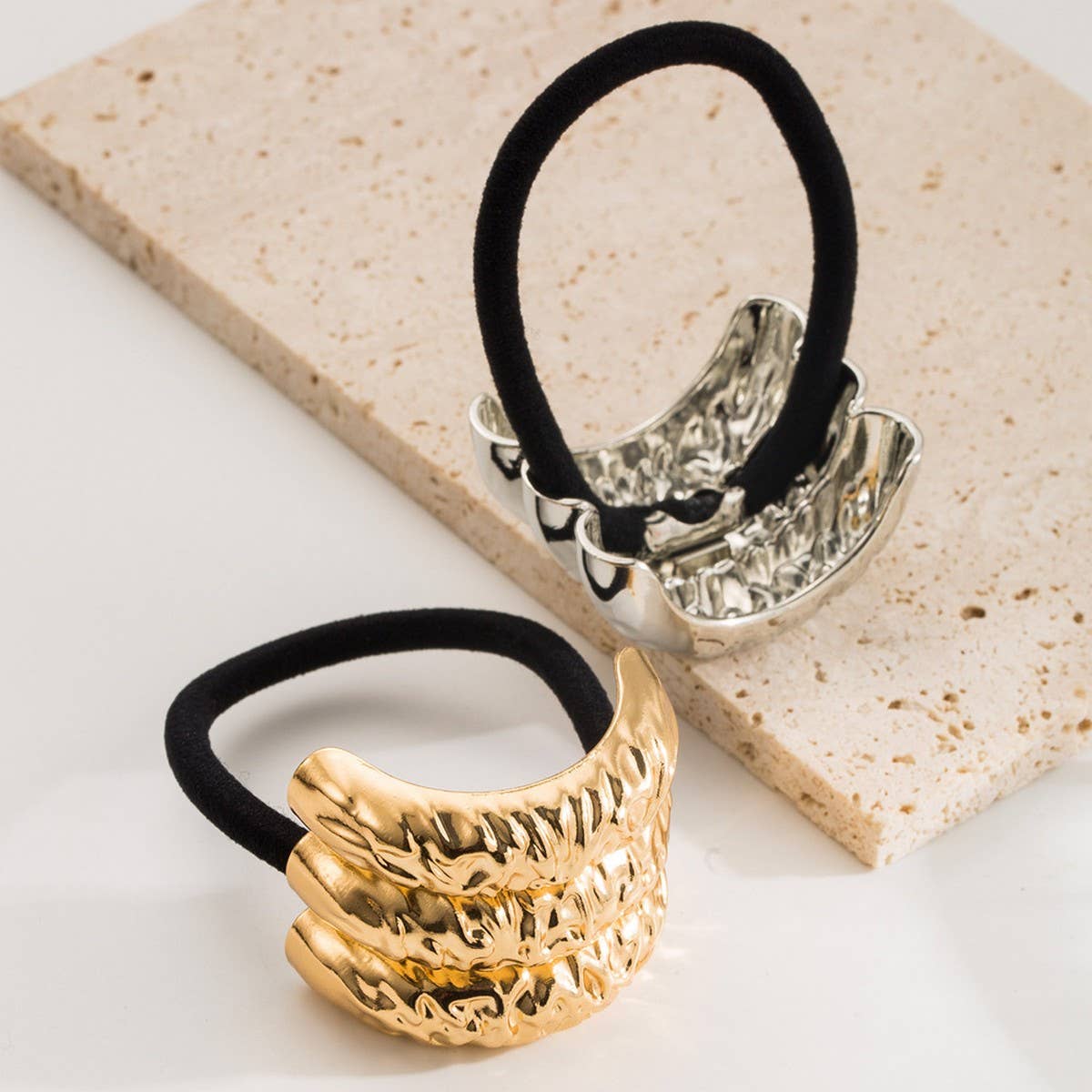 Unique Metal Textured Geometric Flower Hair Tie