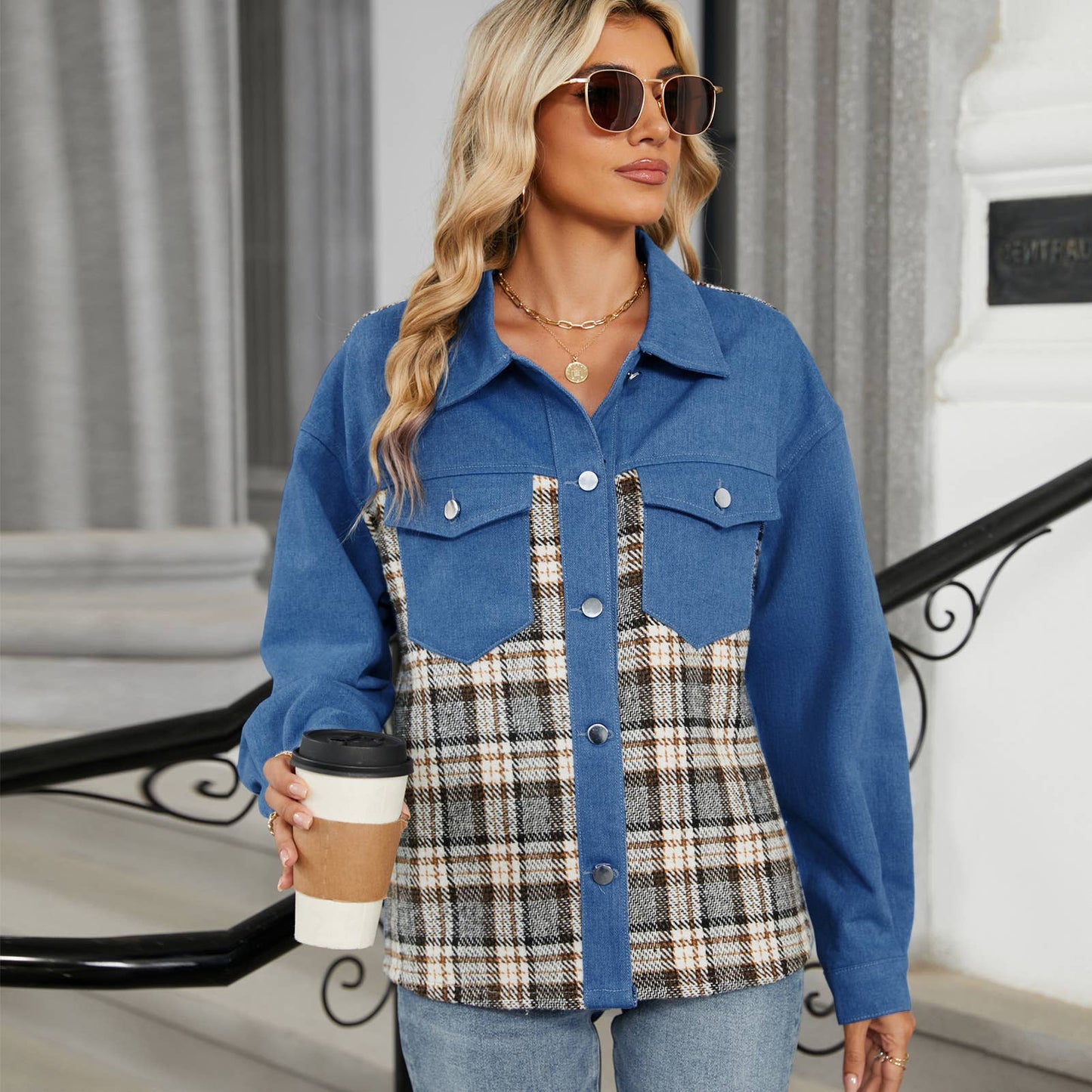 WASHED DENIM PATCHWORK JACKET JACKET TOP