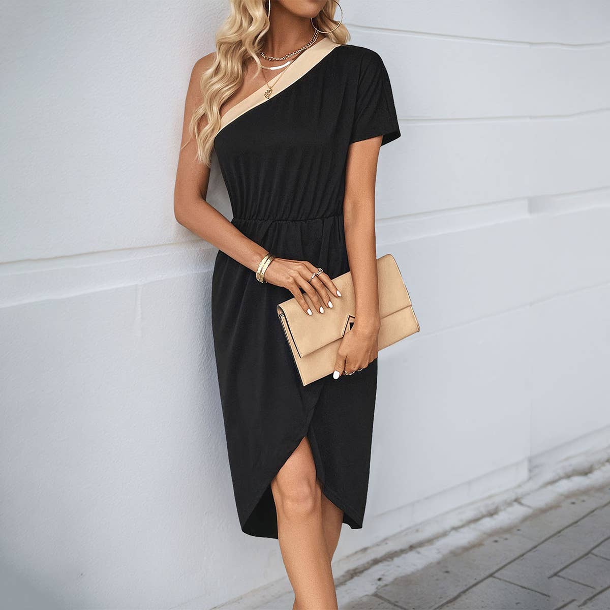 Asymmetrical color-block waist-tie dress