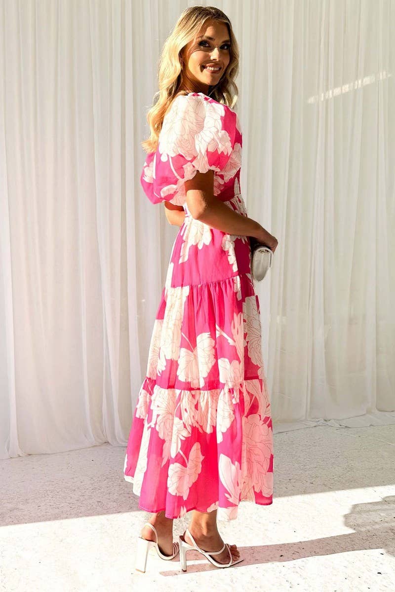 One line shoulder puffed up sleeve waist big swing longdress