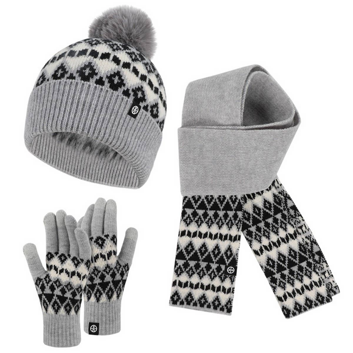 WINTER WARM JACQUARD KNITTED HAT 3-PIECE SET