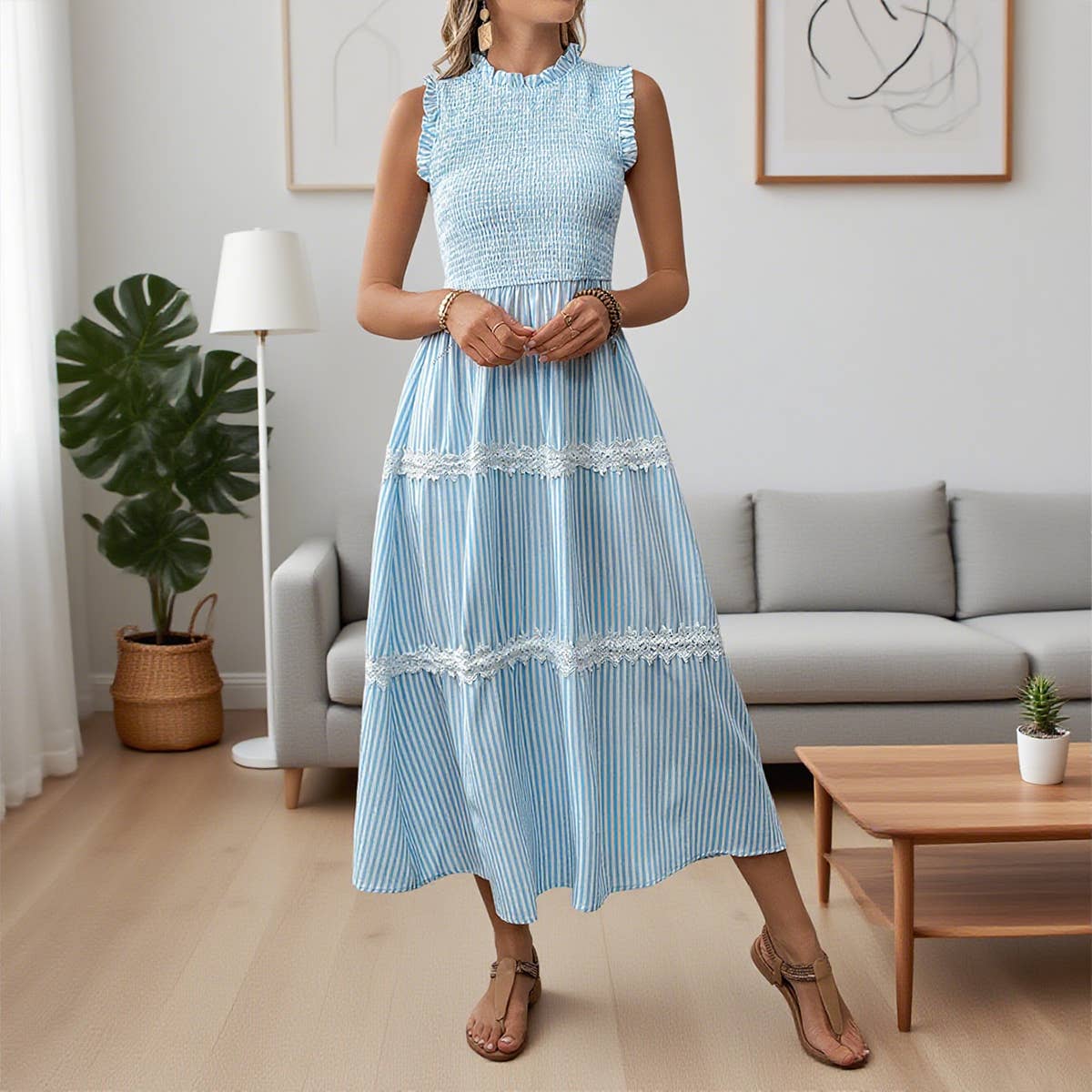 Ear-trimmed round-neck sleeveless striped dress