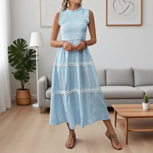 Ear-trimmed round-neck sleeveless striped dress