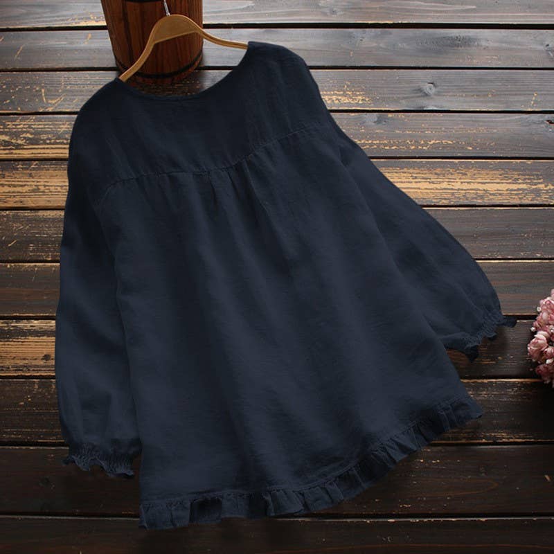 SOLID COLOR LOOSE RUFFLED CUFFS ROUND NECK SHIRT