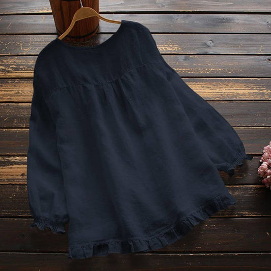 SOLID COLOR LOOSE RUFFLED CUFFS ROUND NECK SHIRT