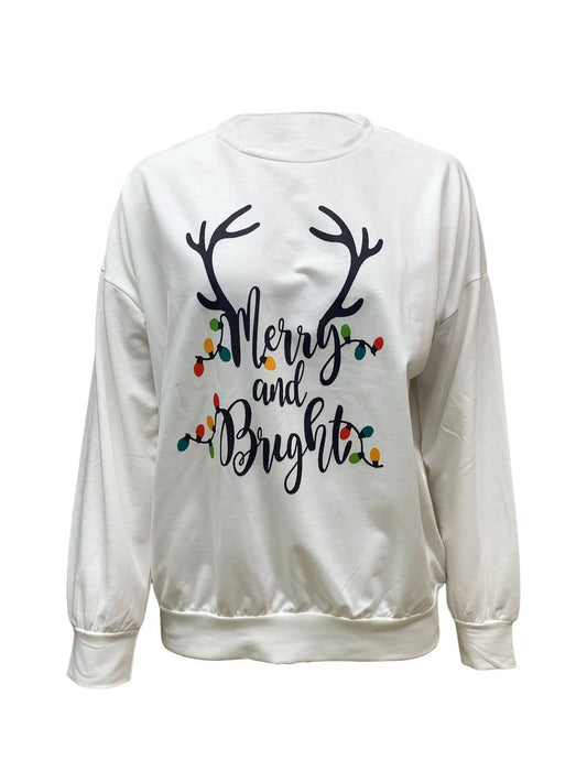 LADIES' CHRISTMAS LOOSE PRINTED CREW-NECK HOODIE