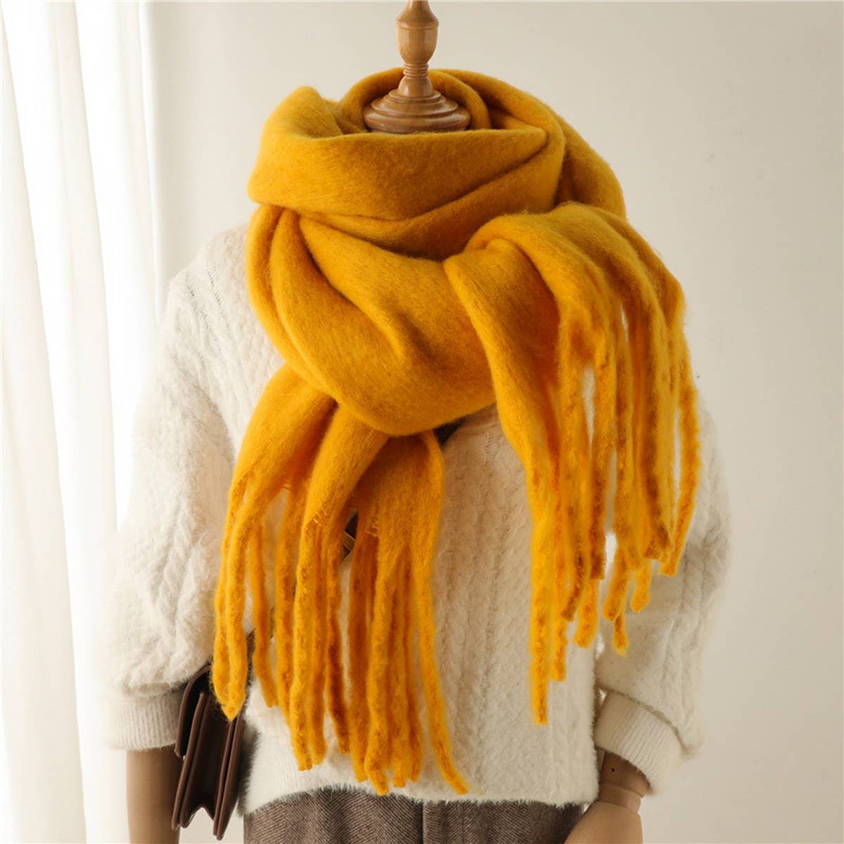 Mohair Tassel Scarf for Winter, Unisex Long Shawl