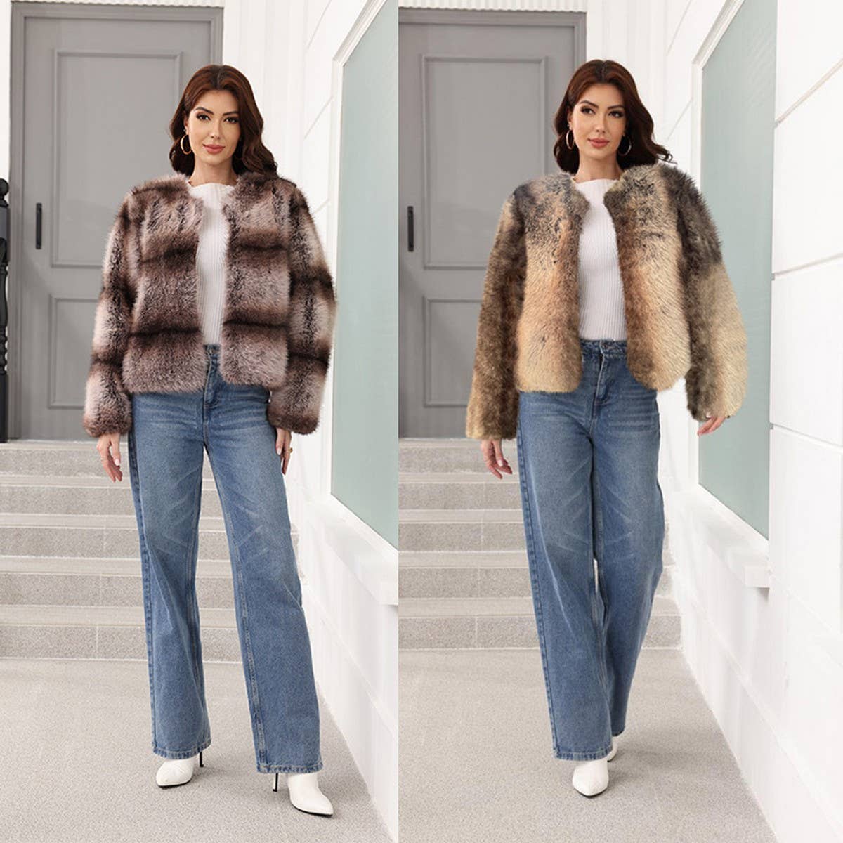 Striped Faux Fox Fur Short Coat for Women_CWMM9113