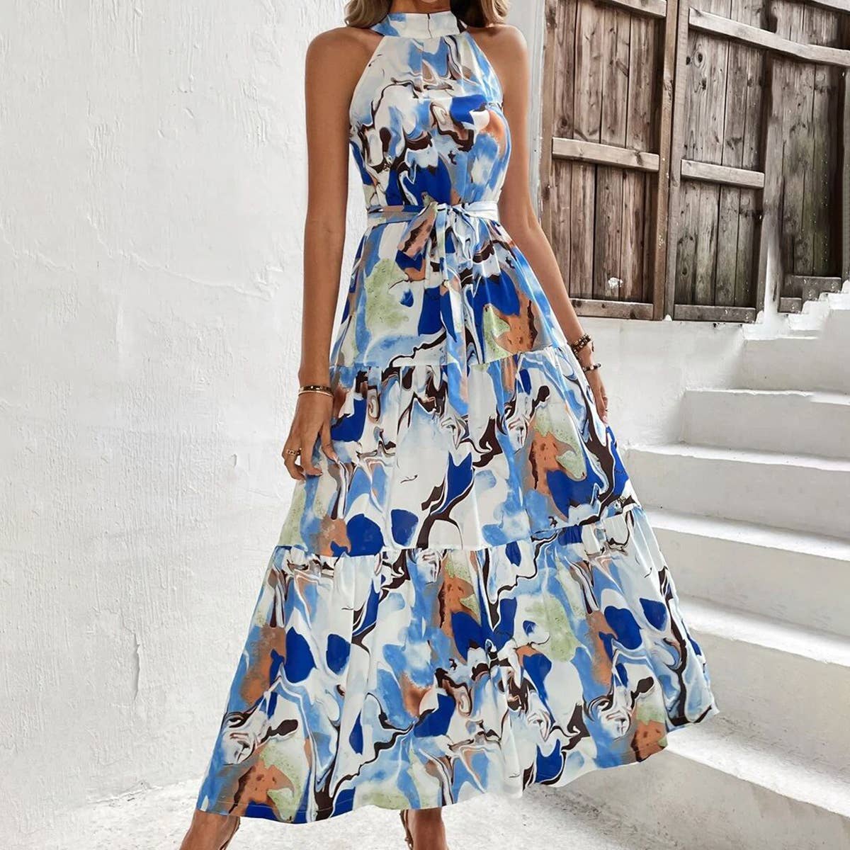 BOHO PRINT SLEEVELESS DRESS WITH LARGE RUFFLES_CWDMD1808