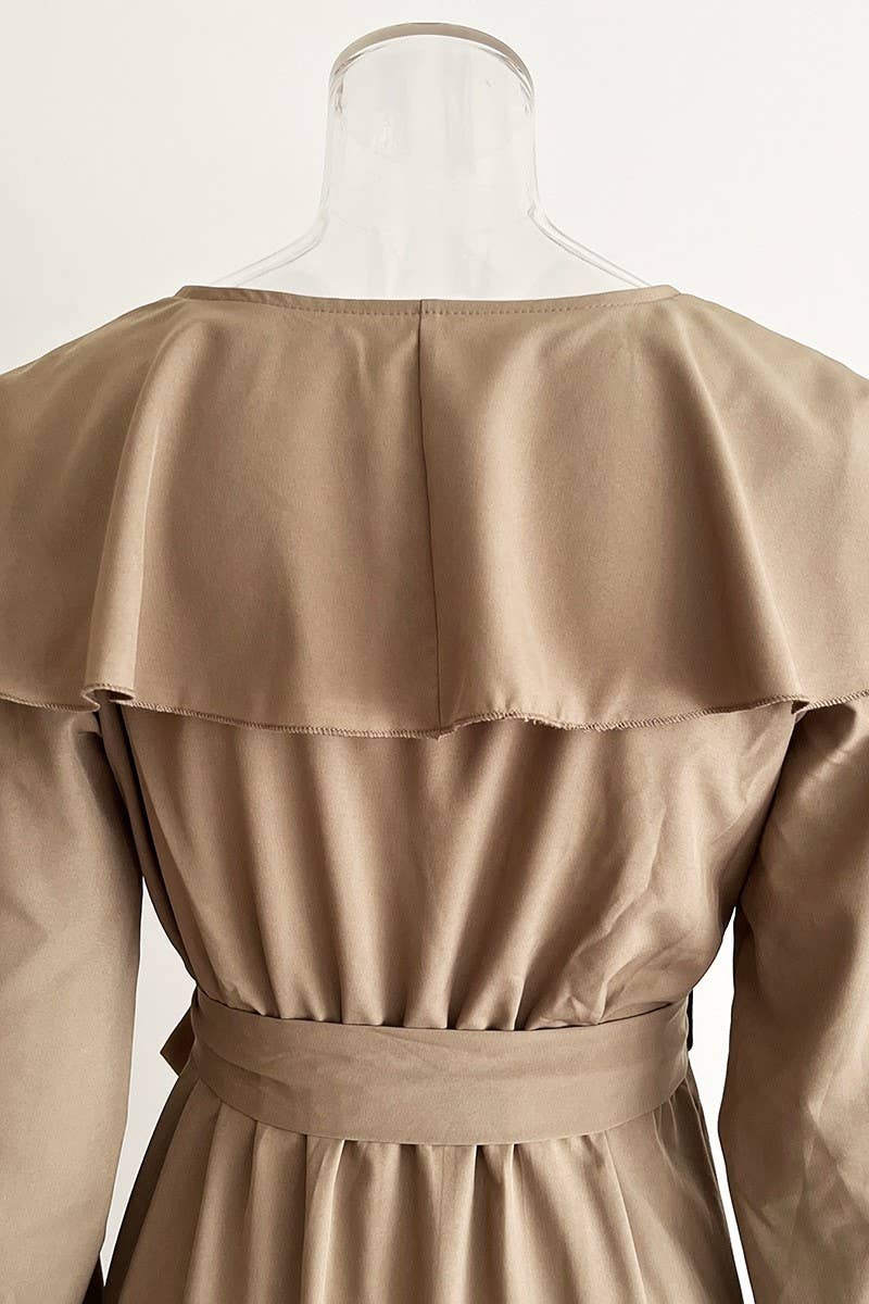 CWDMD4823_RUFFLED V-NECK LONG-SLEEVED SWING DRESS