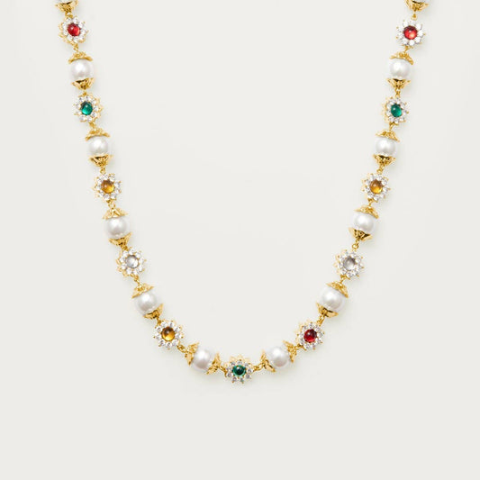 Pearl Colorful Flower Rhinestone Necklace_CWMM5343