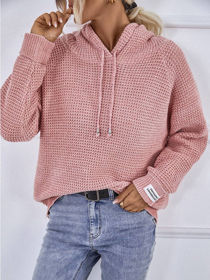 Solid color hooded drawstring knit sweater