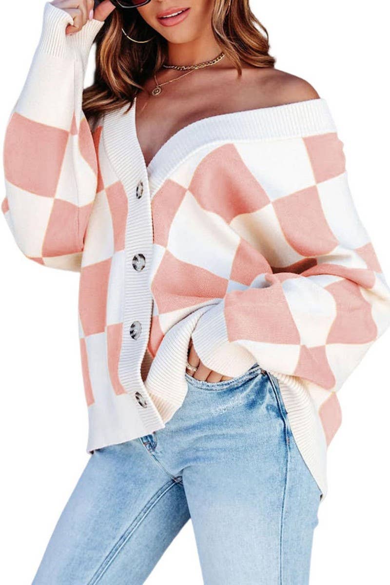 V-neck button-up long-sleeved cardigan