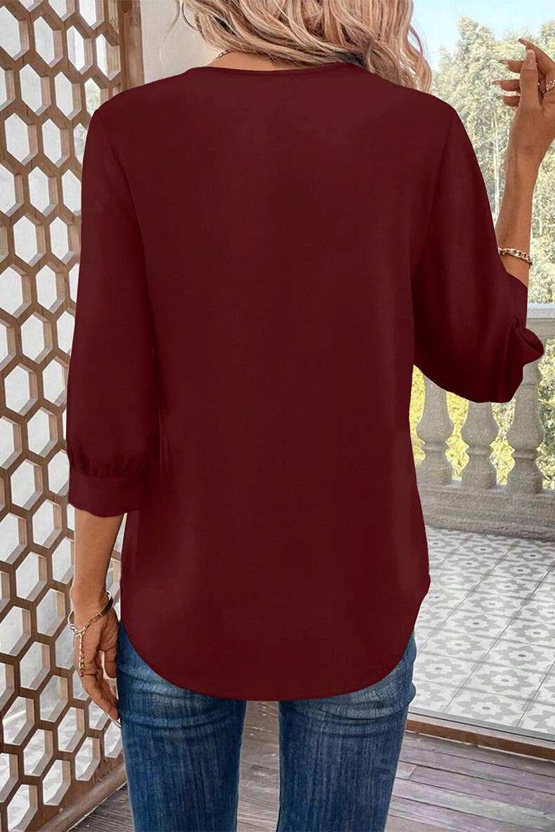 SEVEN-POINT SLEEVE SOLID COLOR V-NECK CHIFFON TOP