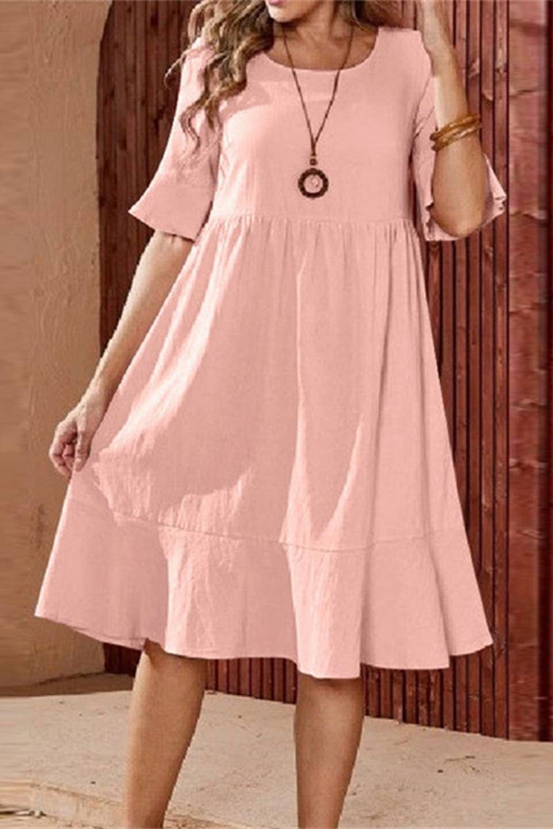 CWDMD3161_WIDE HEM SHORT SLEEVED COTTON AND LINEN DRESS