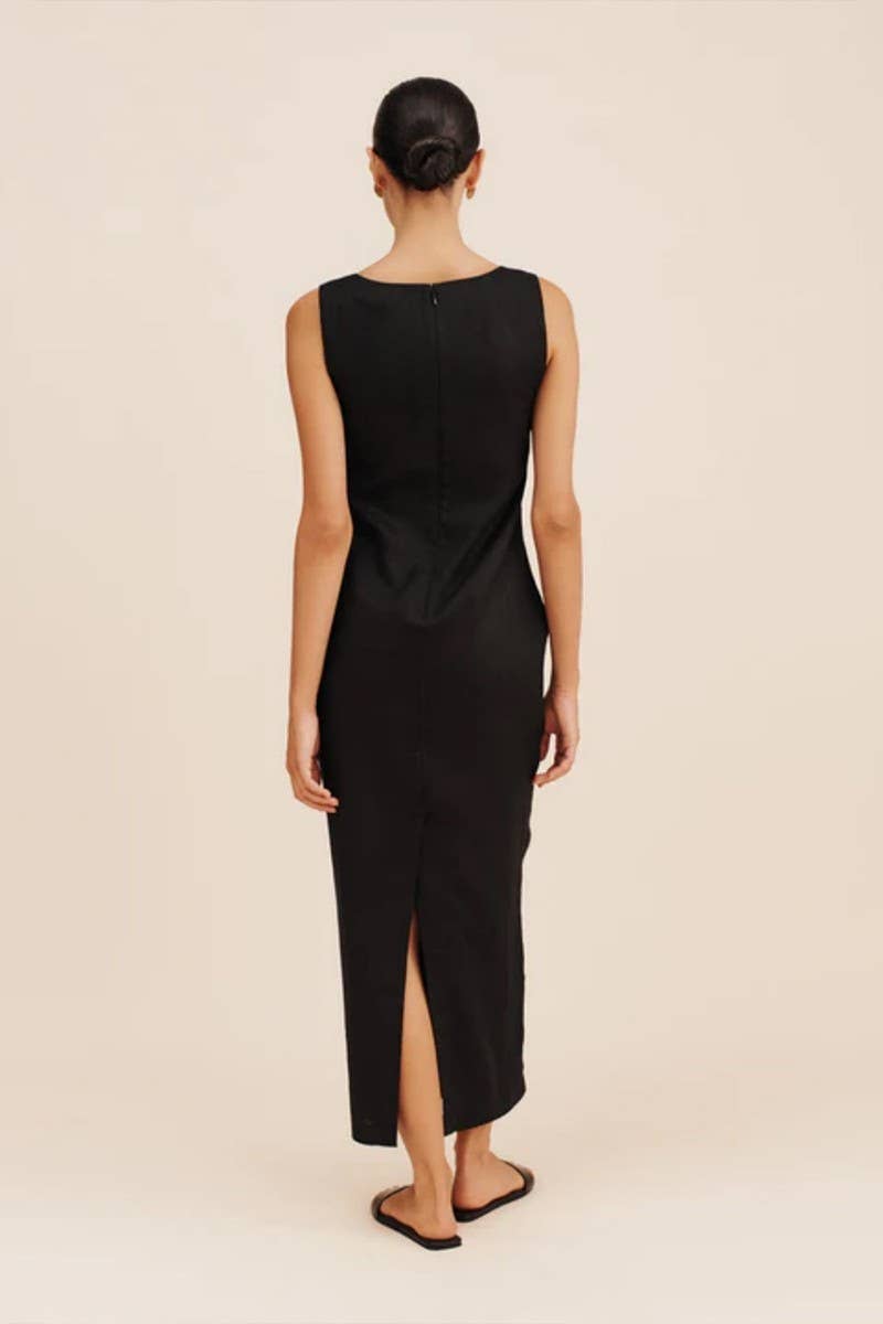 CWDMD5260_SOLID SQUARE NECK SLIM FIT COTTON-LINEN DRESS