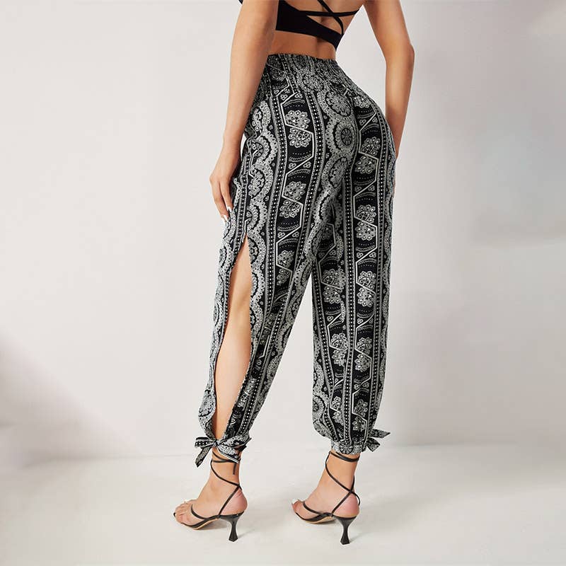 Elegant print thigh-slit wide-leg corset trousers