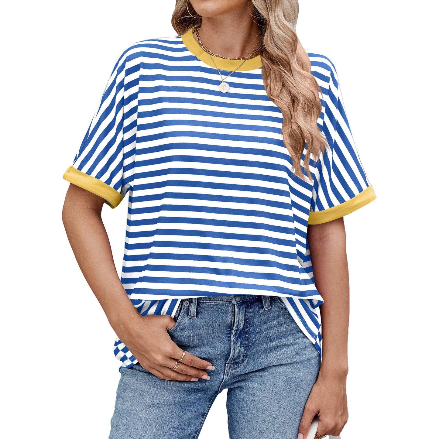Round neck sleeved striped short-sleeved T-shirt