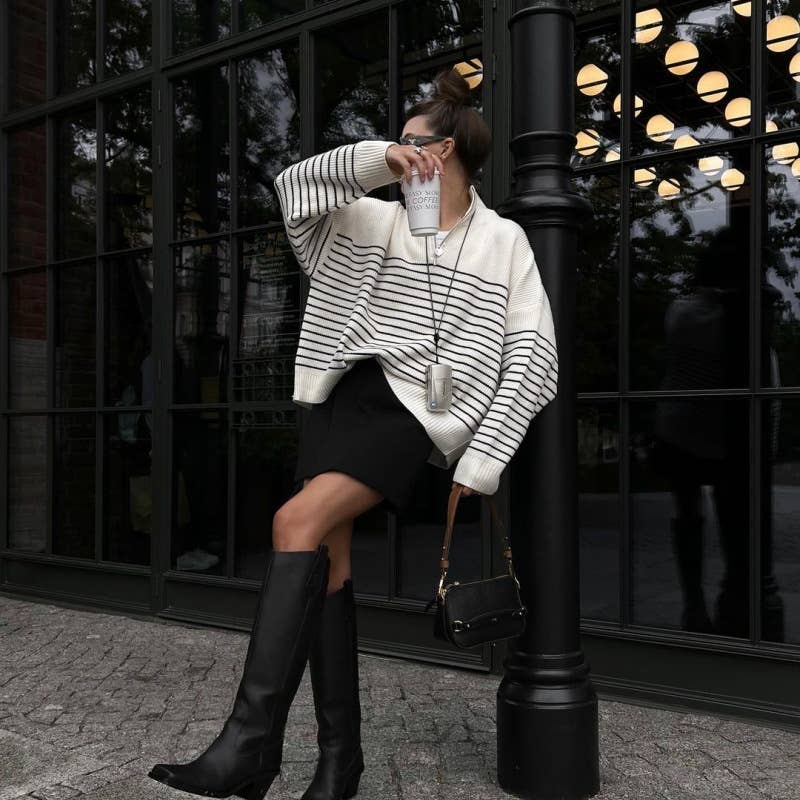 Striped lapel half-zipper knitted sweater