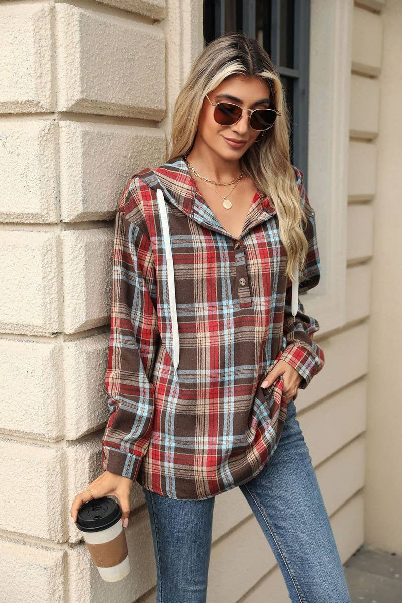 CWOHOL1113_AUTUMN AND WINTER PLAID LOOSE HOODED SWEATSHIRT