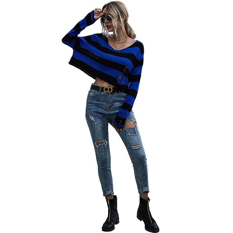 Striped V-neck loose short ripped crop sweater