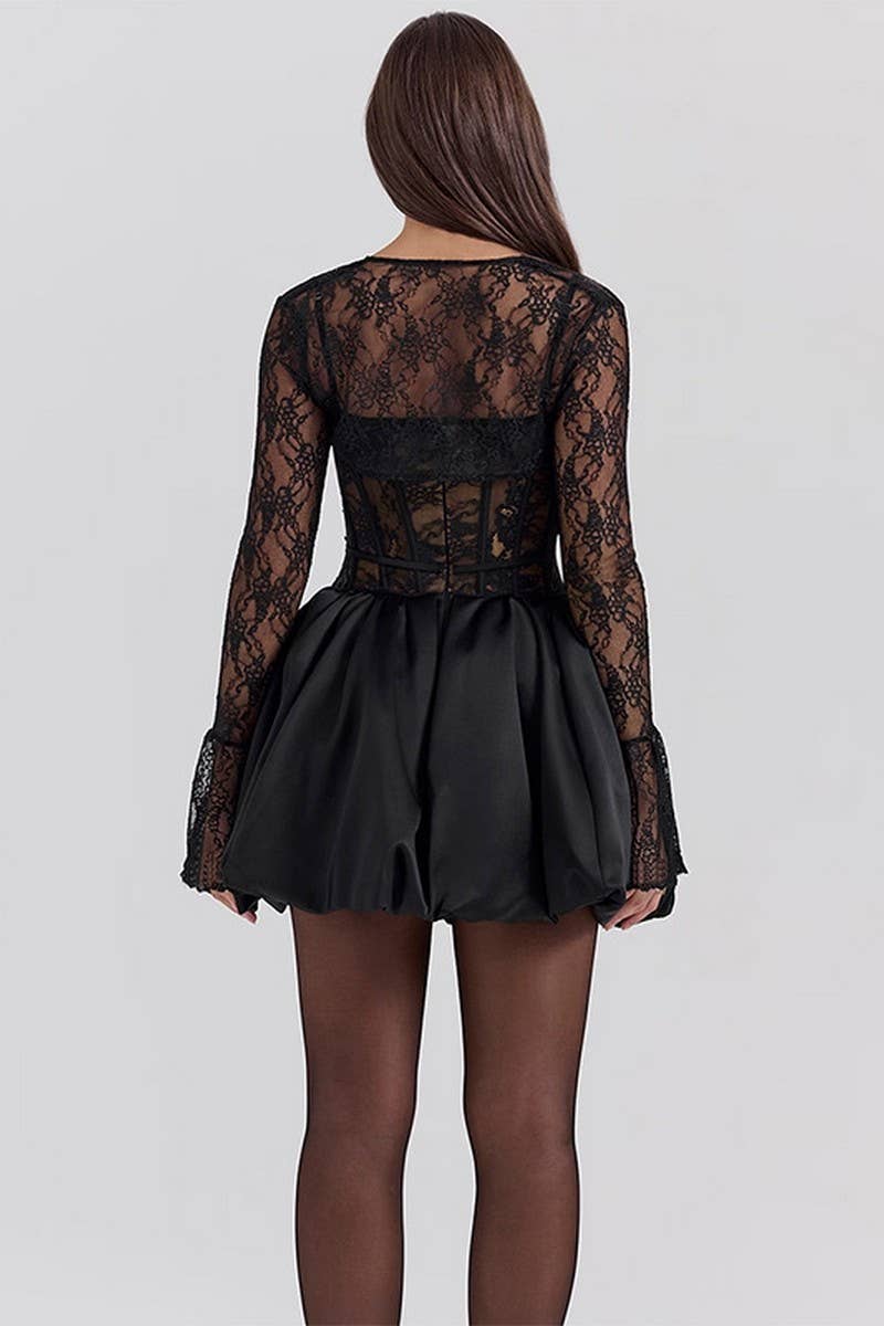 CWDSD6715_LONG SLEEVE LACE TIE A-LINE DRESS