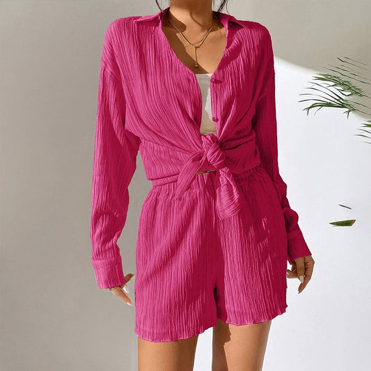 V-neck shirt long sleeve shorts casual suit