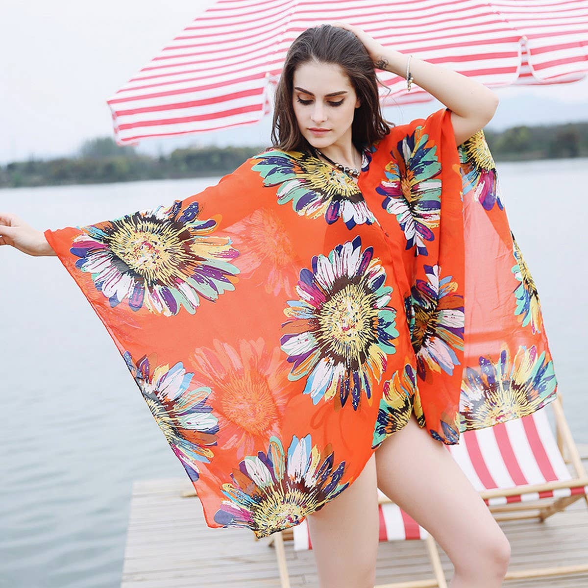 SUNFLOWER PRINT FRONT OPEN KIMONO FOR SUMMER
