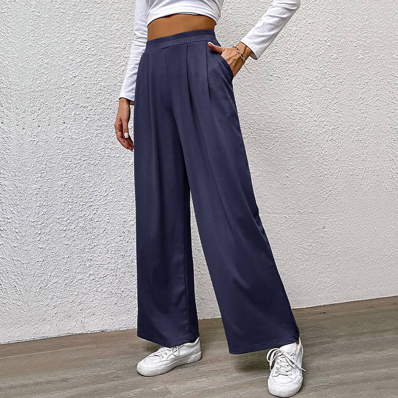 ELASTIC-WAISTED SOLID COLOR SLACKS WITH WIDE LEGS