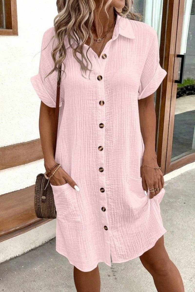 CWDSD10629_WOMEN'S SIMPLE V-NECK BUTTON SHIRT DRESS