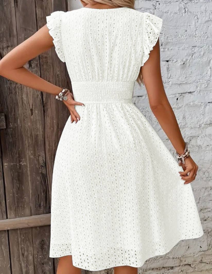 V-neck hollowed-out floral cinched-waist dress