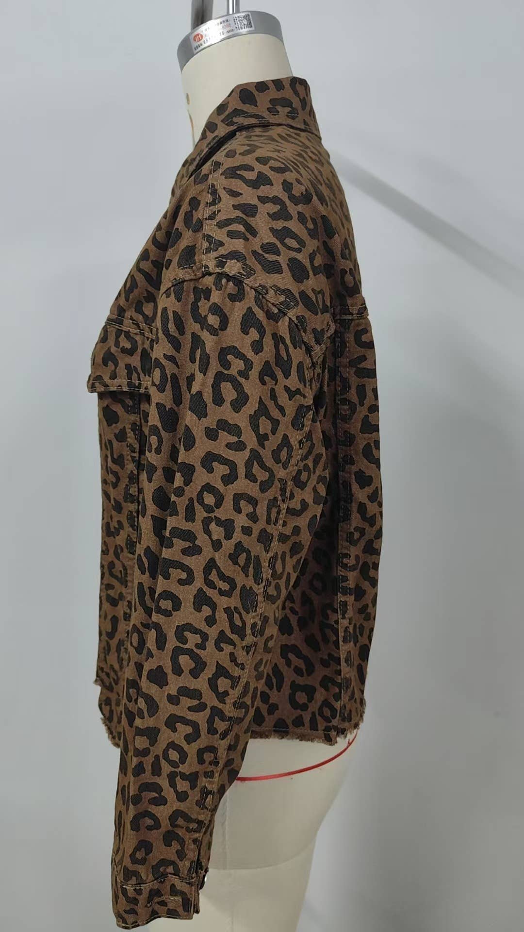 Street-style leopard print denim short jacket