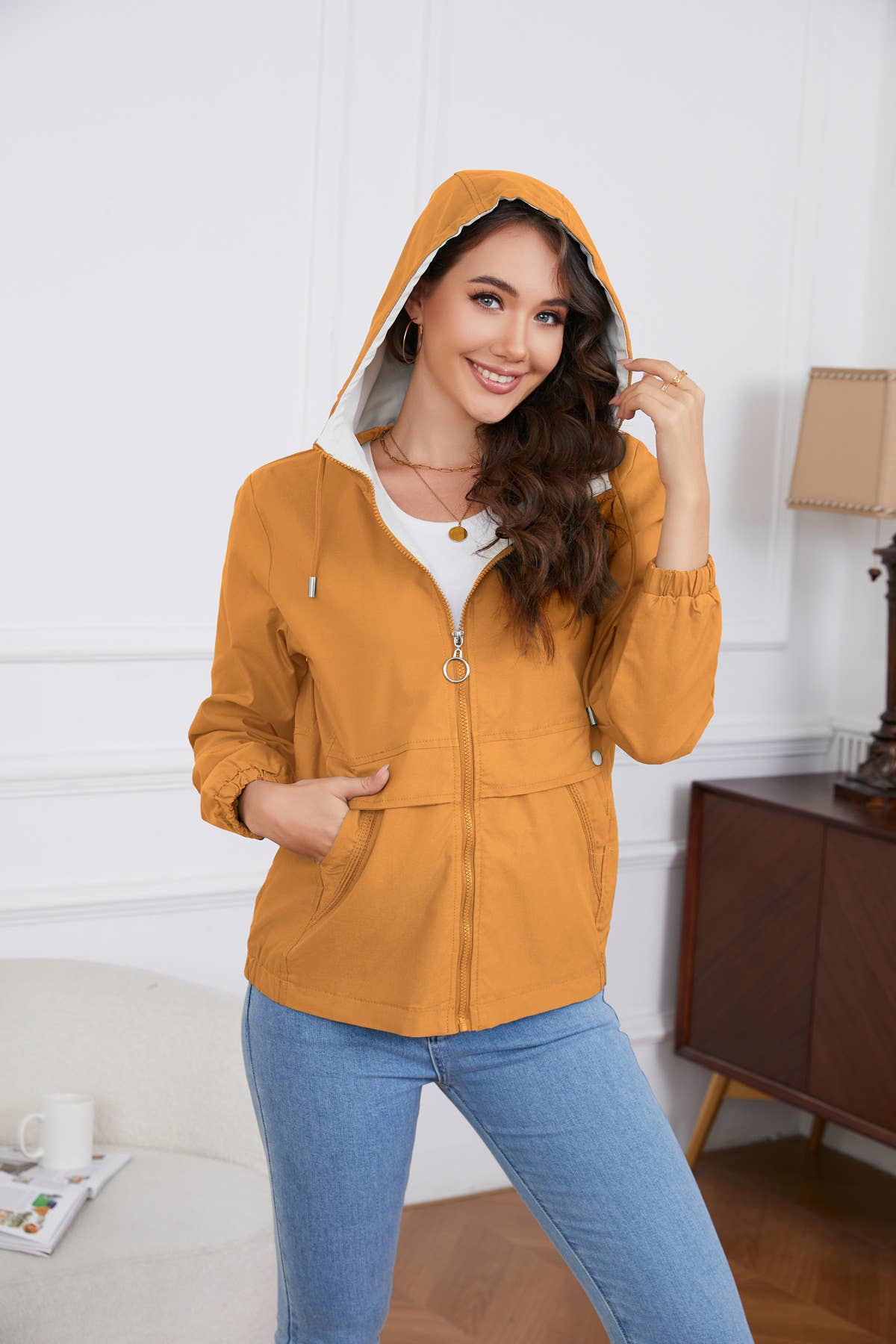 HOODED SOLID COLOR LONG SLEEVE TRENCH COAT