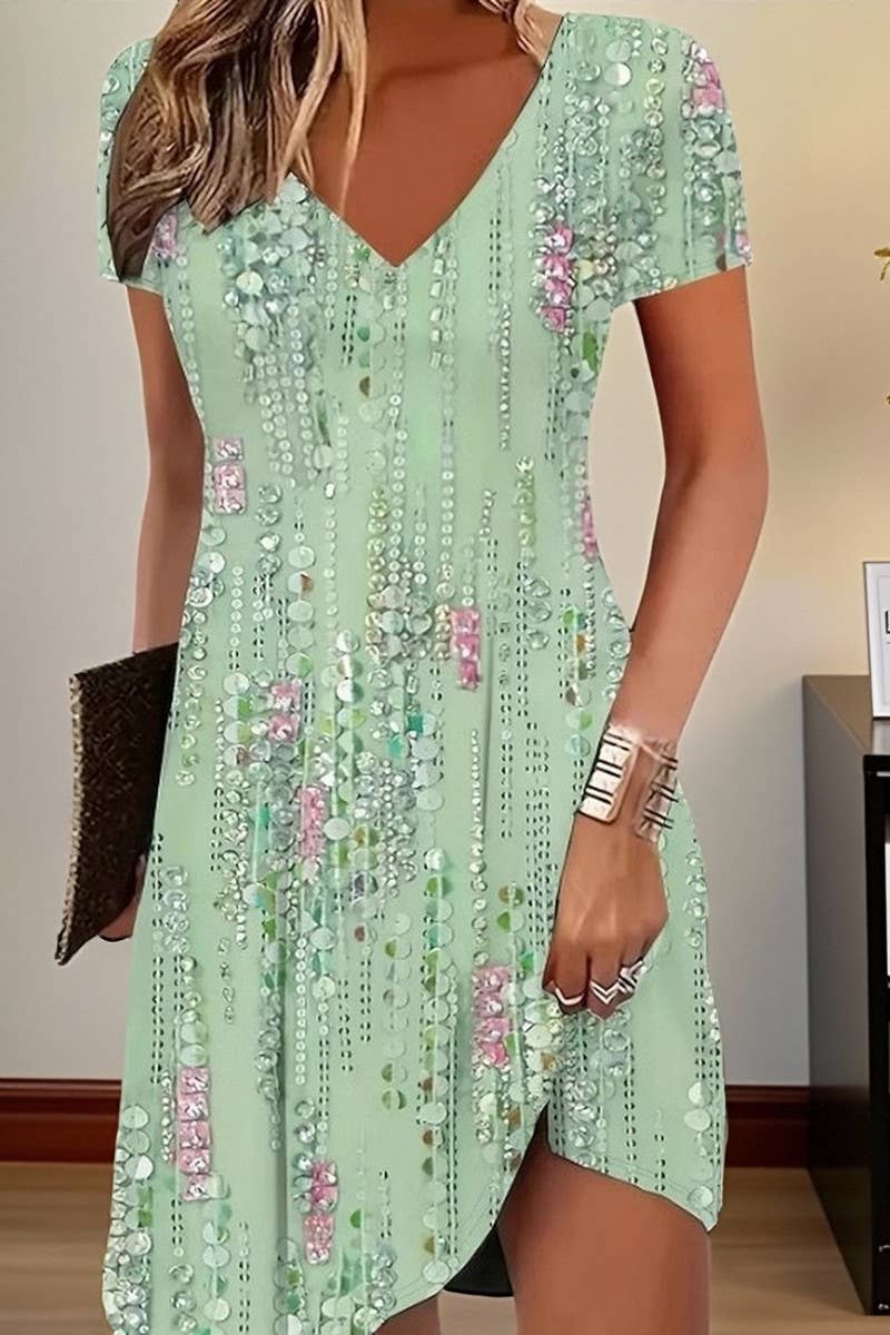 CWDSD10875_CASUAL V-NECK PRINTED SHORT-SLEEVED DRESS