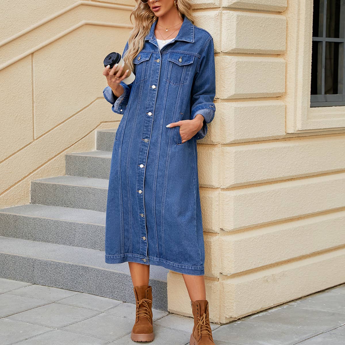 Casual Long Denim Coat ??Washed Cardigan Style_CWOCO1195