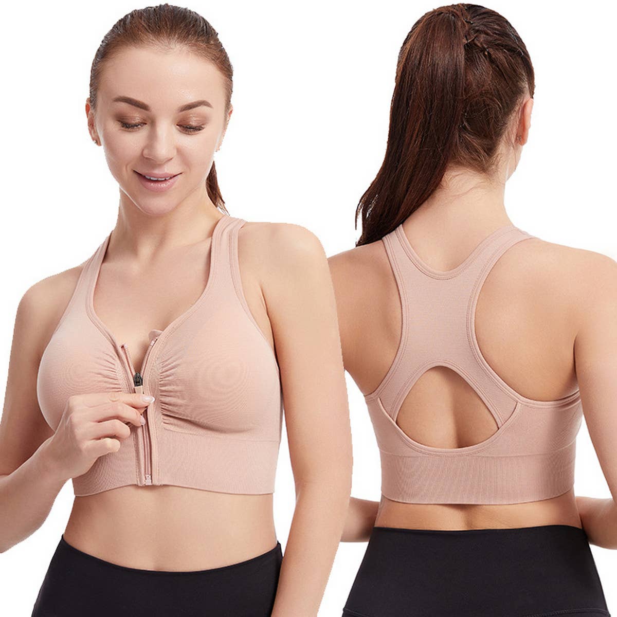 FRONT ZIPPER CUTOUT BACK SPORTS BRA